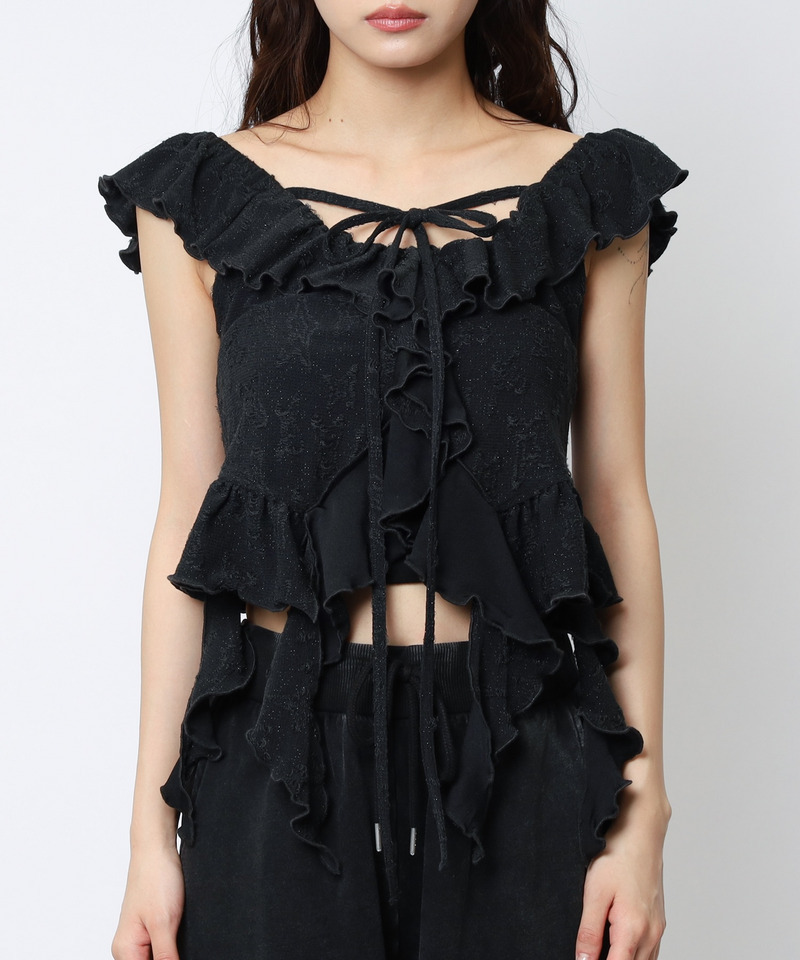 オフショルラメラッフルトップス 詳細画像 ブラック 10