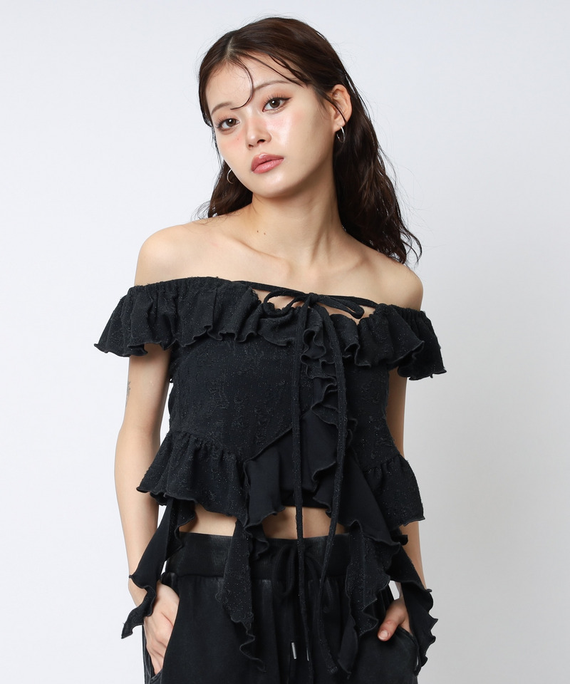 オフショルラメラッフルトップス 詳細画像 ブラック 3