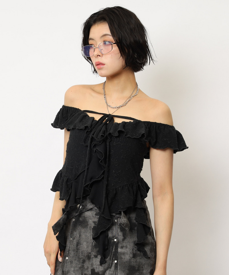 オフショルラメラッフルトップス 詳細画像 ブラック 6