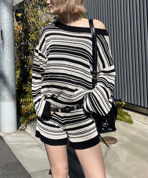 ボーダーオフショルトップス&times;ショートパンツ 詳細画像