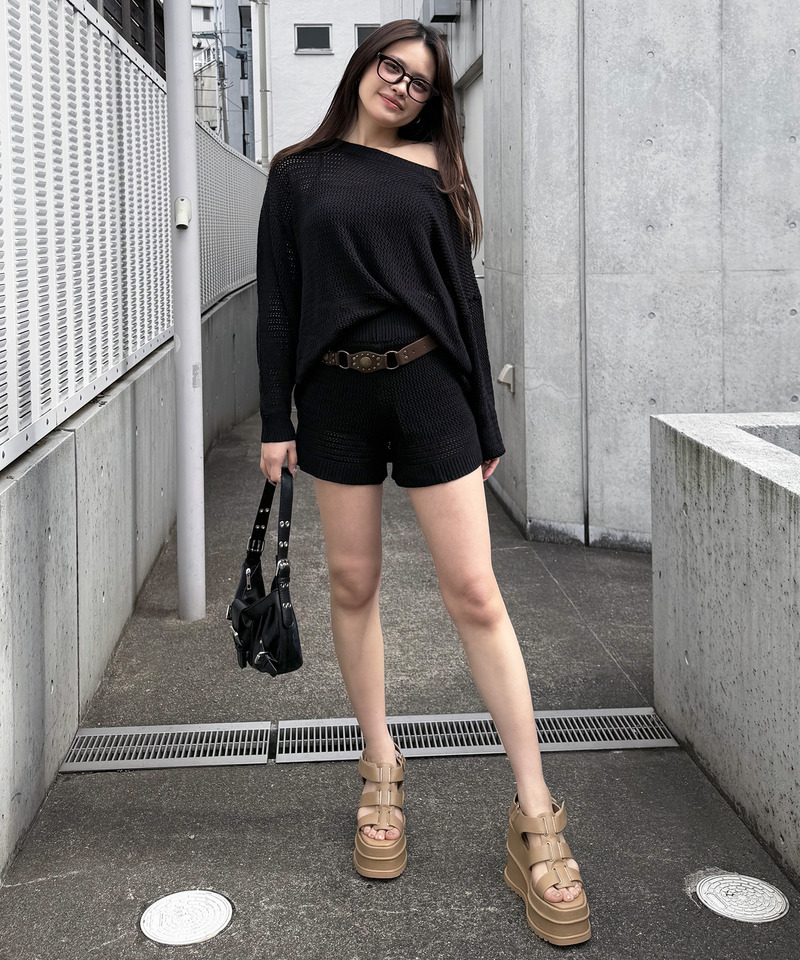 ボーダーオフショルトップス&times;ショートパンツ 詳細画像 ブラック 4