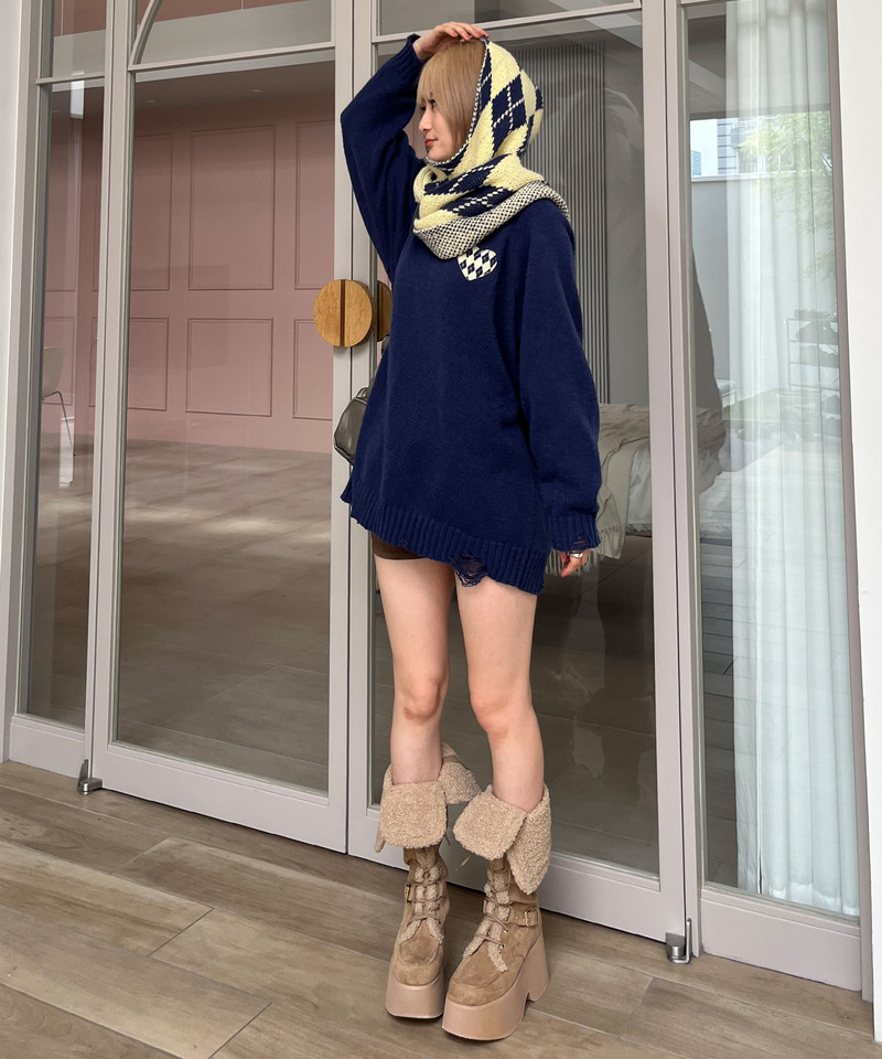 アーガイル柄マフラー付きニット 詳細画像 ネイビー 7