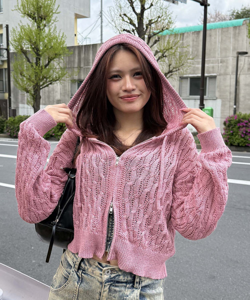 透かし編みダブルジップニットパーカー 詳細画像