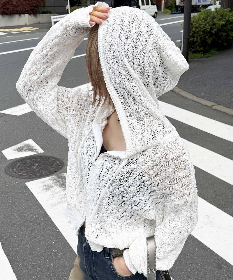 透かし編みダブルジップニットパーカー 詳細画像 ホワイト 3