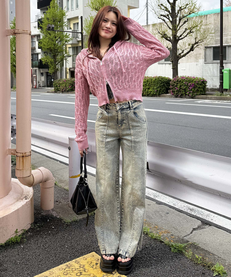 透かし編みダブルジップニットパーカー 詳細画像 ピンク 5