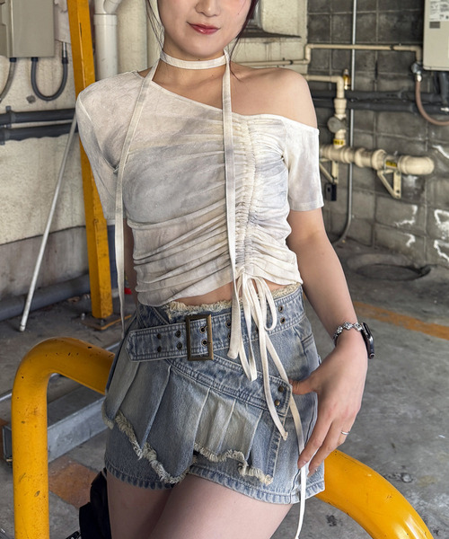 サイドギャザーワンショルトップス 詳細画像