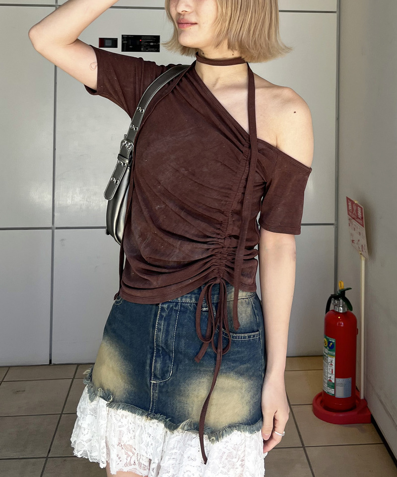 サイドギャザーワンショルトップス 詳細画像 ブラウン 1