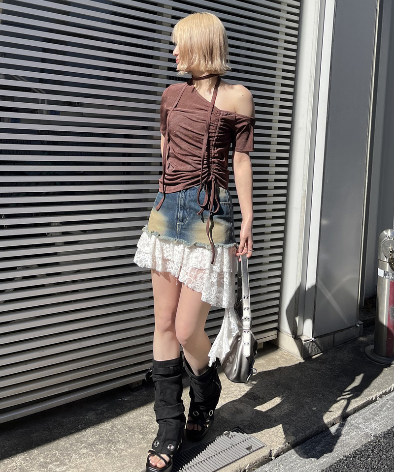 サイドギャザーワンショルトップス 詳細画像 ブラウン 2