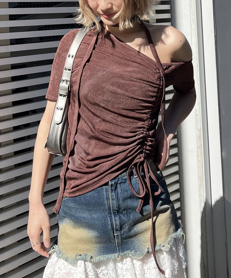 サイドギャザーワンショルトップス 詳細画像 ブラウン 3