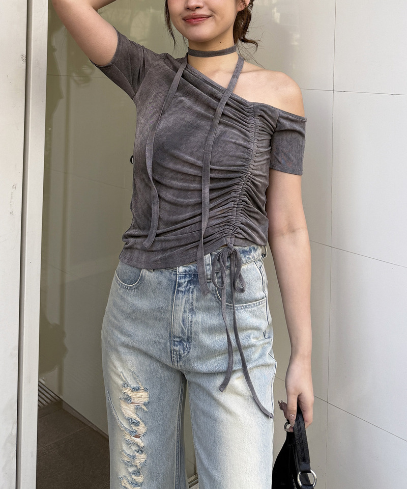 サイドギャザーワンショルトップス 詳細画像 グレー 4