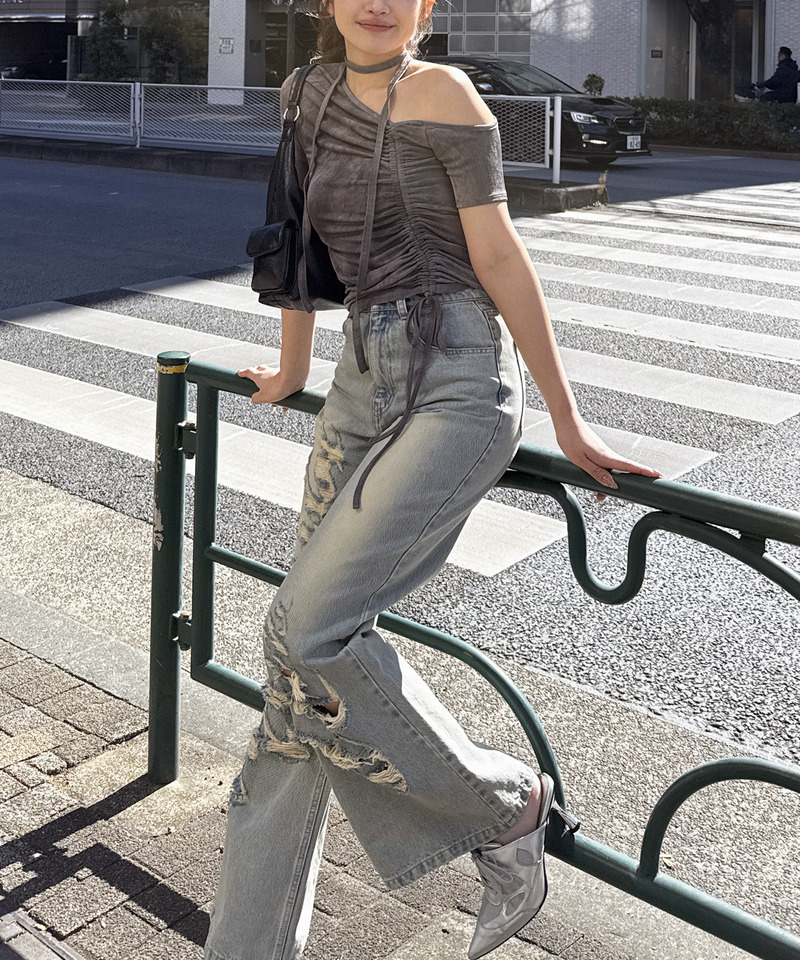 サイドギャザーワンショルトップス 詳細画像 グレー 5